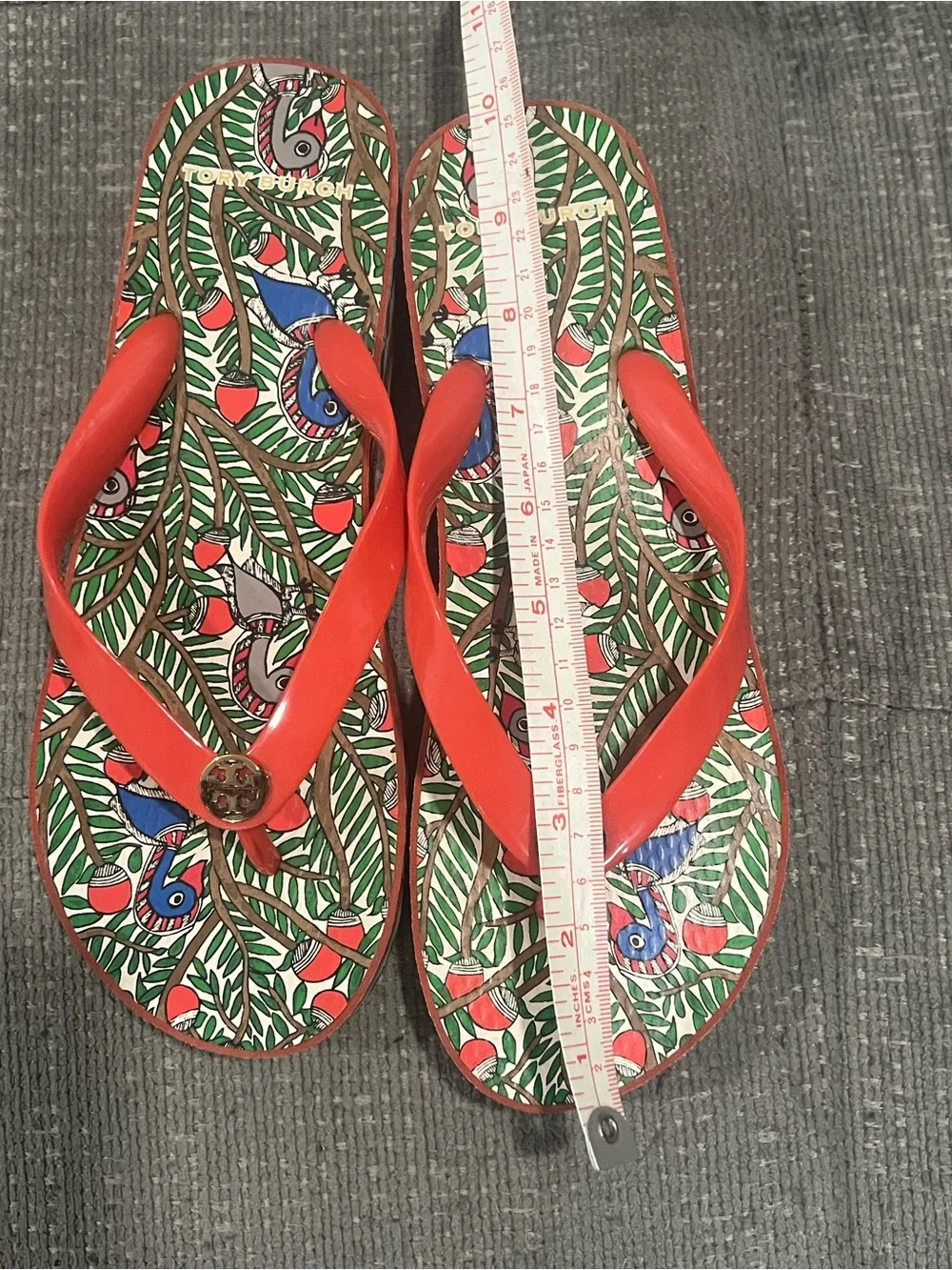 Tory Burch Red Strap Tropical Print Flip Flops